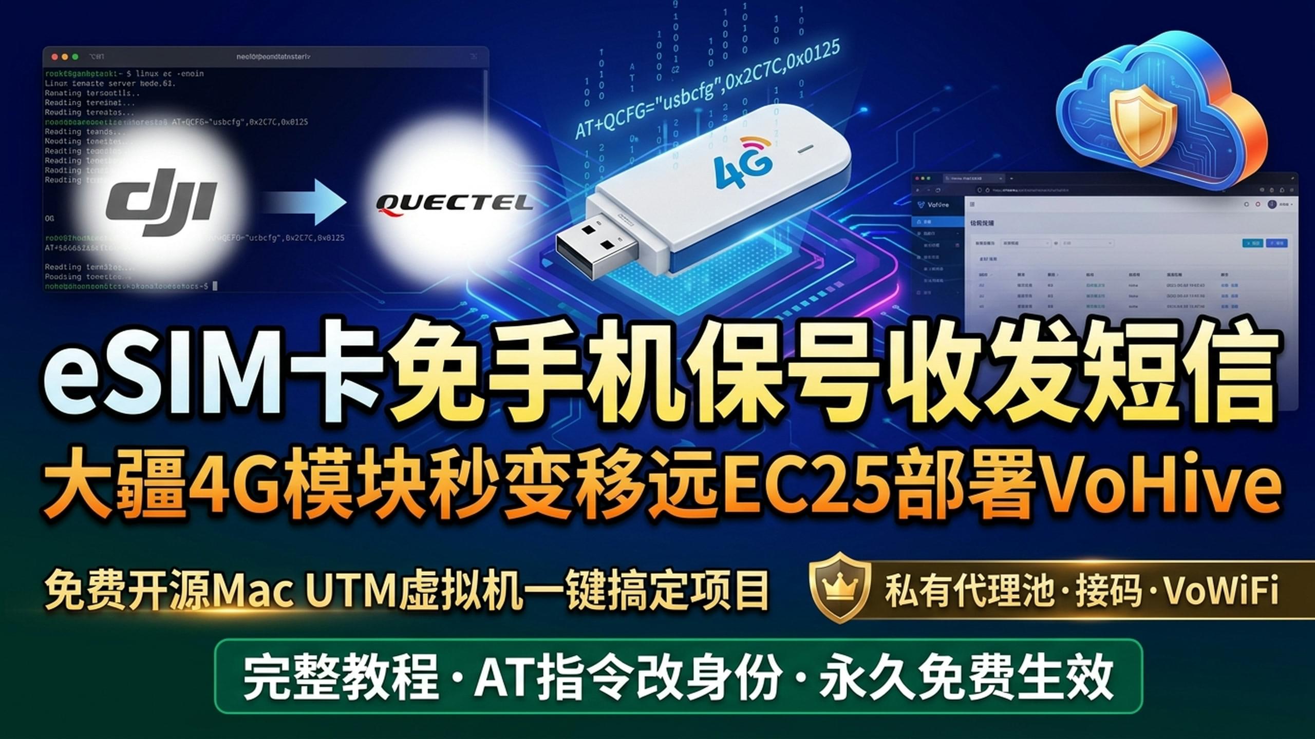 eSIM卡免手机保号收发短信！几十块大疆4G模块爆改移远EC25，Mac UTM一键部署VoHive完整教程